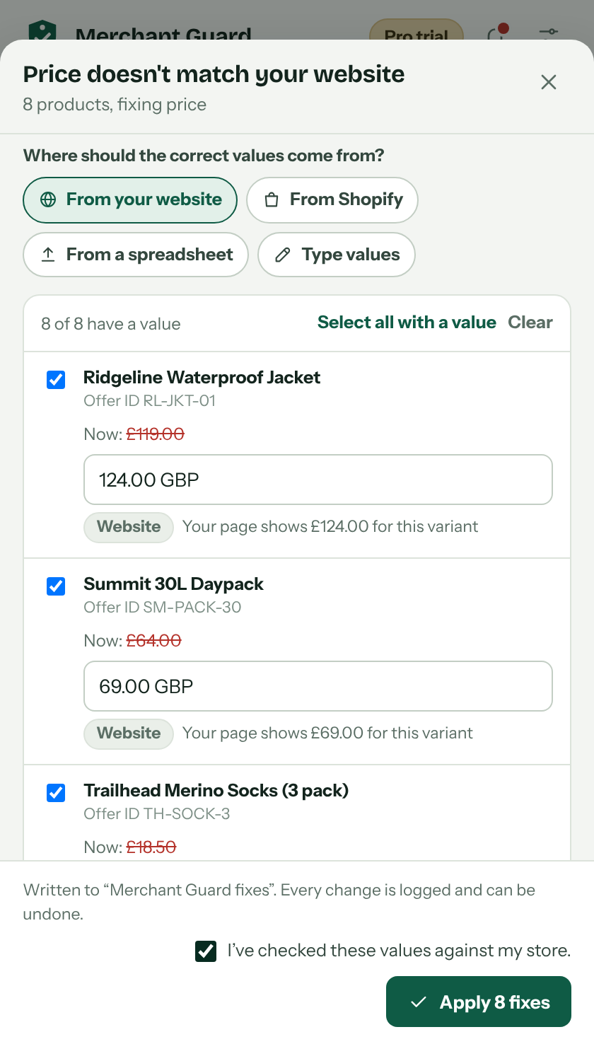 The Merchant Guard price fix: a list of products with the feed price, the price found on the website and a checkbox for each.